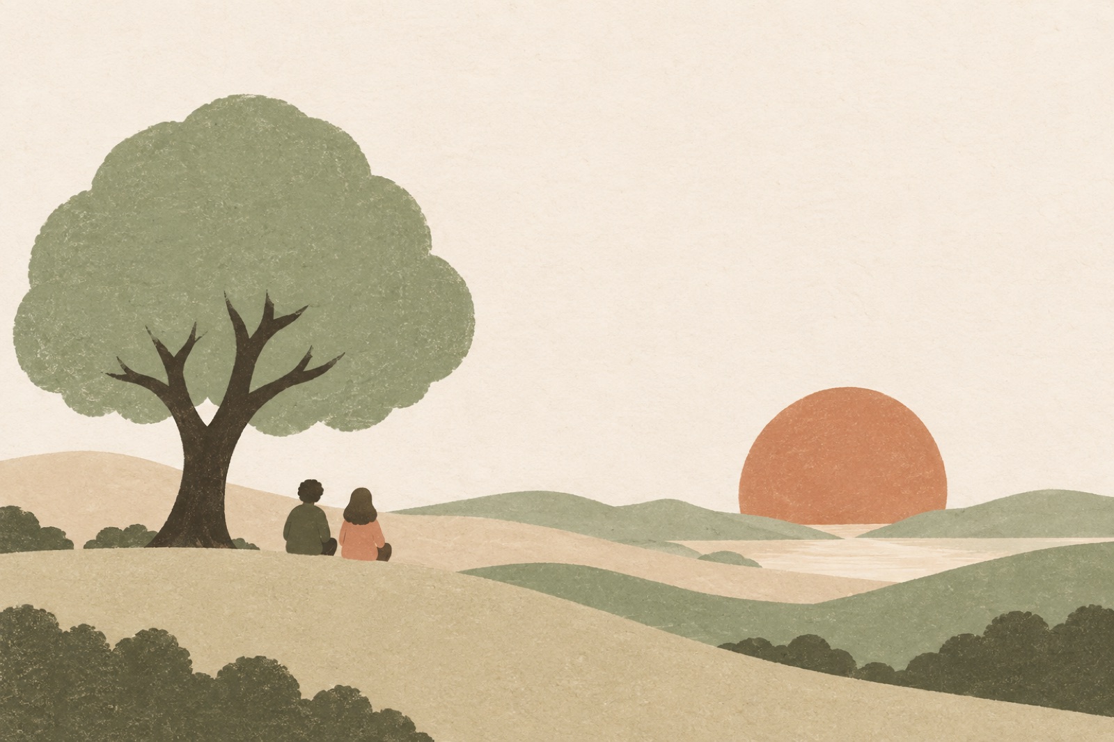 Gouache landscape: two small figures sit under a round tree on a hill, watching a terracotta sun set