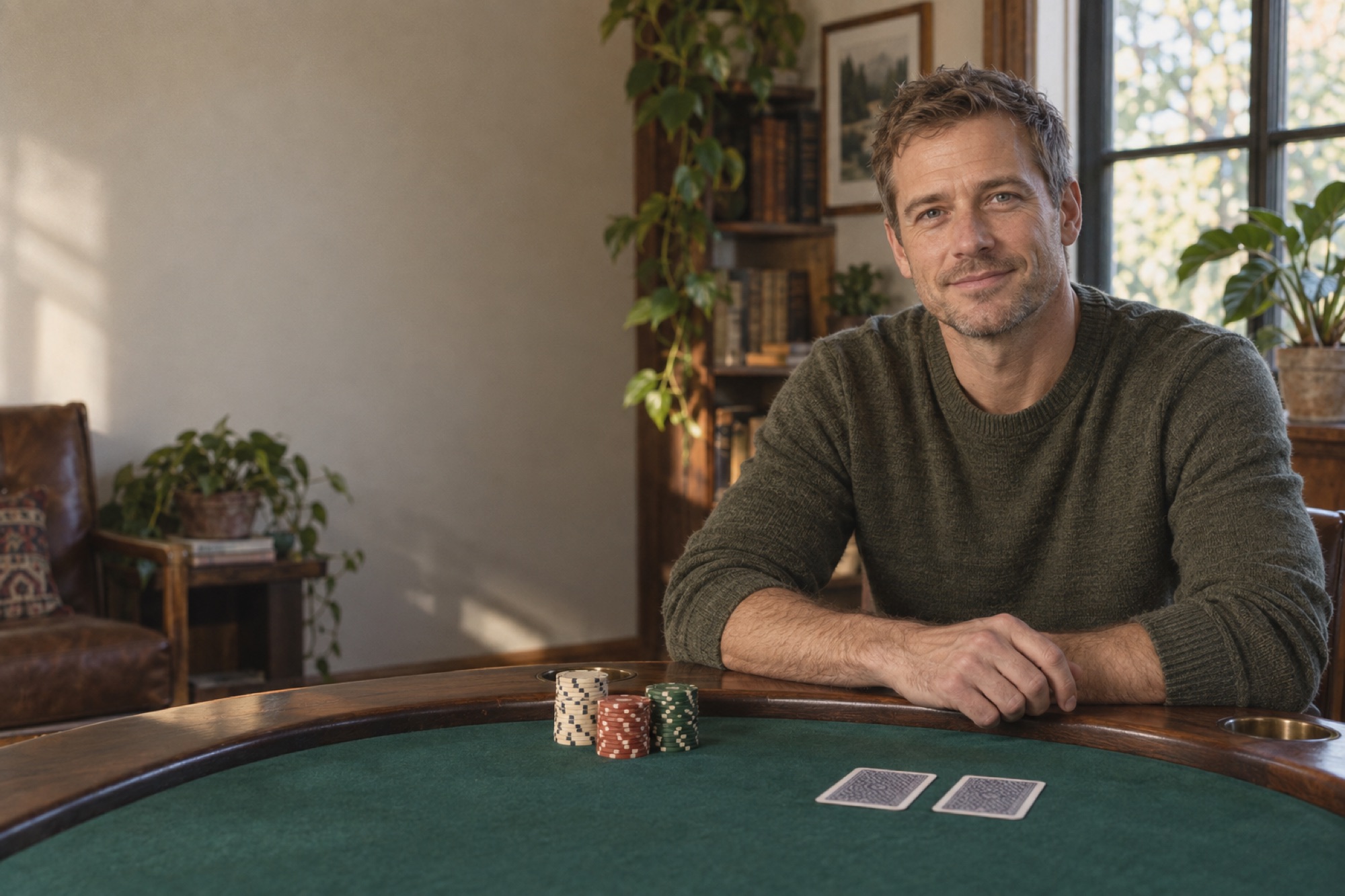Owen Linden, mindset coach, at a green felt poker table with chips